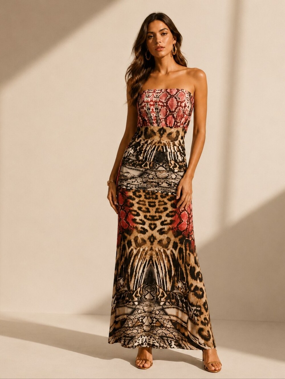 Vintage Y2K Animal Print Maxi Dress Size Medium Red Black Ruched Maximalist